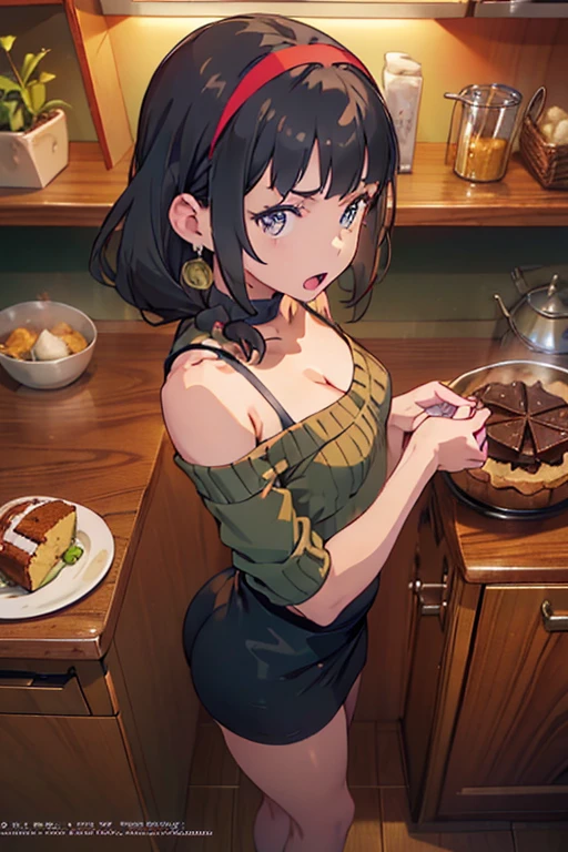 (small breasts:1.3), (perky chest:1.1), (pointed chest:1.0), (Pudding cake magazine cover:1.3),(from above:1.0),(from side:0.9),masterpiece, 1girl, Amazing Cleavage:1.1, thin waist, big ass, Raised sexy, small breast: 1.3, posed cleavage:1.2、solo, looking at viewer, open mouth, have a cute grass of cute beergrass,black hair, dark green eyes, dress, bare shoulders, jewelry, collarbone, sidelocks, hairband, earrings, indoors, off shoulder, :o, sweater, arms behind back, plant, short hair with long locks, gild hairband, off-shoulder dress, sweater dress, off-shoulder sweater, red sweater, dark gord hair, big side hair, very long side hair,is rendered in (masterpiece: 1.2, best quality), with (ultra high resolution) and an exquisite (depth of field). This masterpiece is not only visually stunning but also tells,A scene of cooking in the kitchen by classroom
