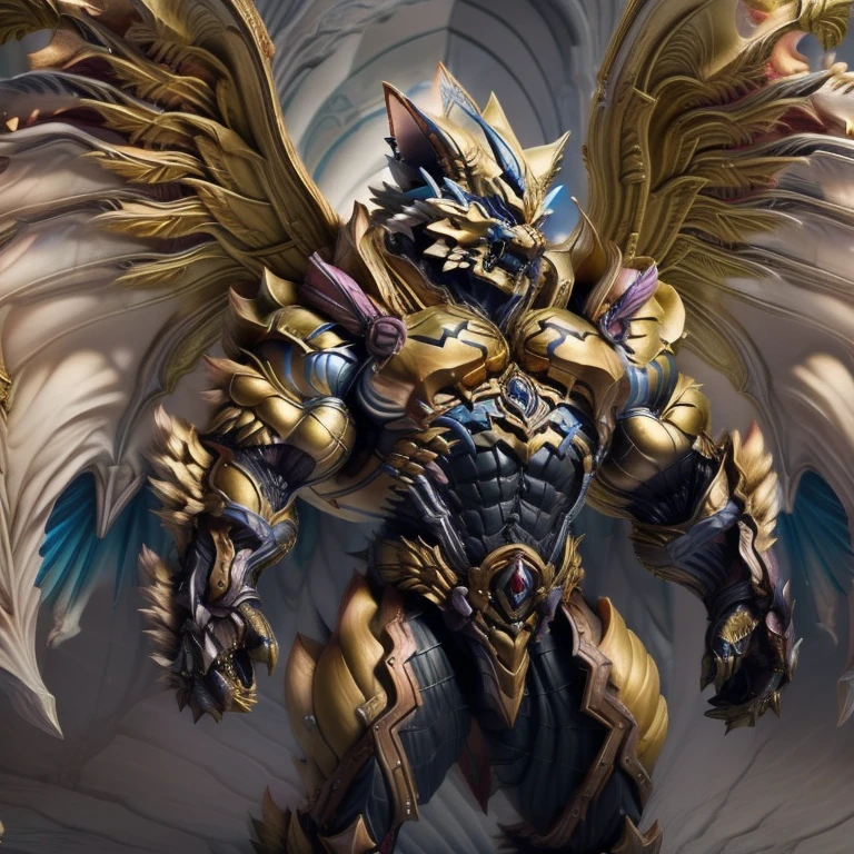 (Zeraora), (masterpiece, best quality, detailed:1.5), (nj5furry)
sparkling skin,
Vibrant colors, 4K,
GOLD armor,
Its full plate armor emphasizes the muscles.
big muscle (pecs, triceps, traps)
unusually developed muscular body,
body full of huge muscles.
showing off muscles,
pectorales enormes.
Exaggeratedly huge muscles.
Gigachad Muscular,
Very muscular, Large pecs,
Spread wings,
It has wings.
have big wings.
has 10 large wings.
It has large golden wings.
The feathers on its wings are detailed and realistic.