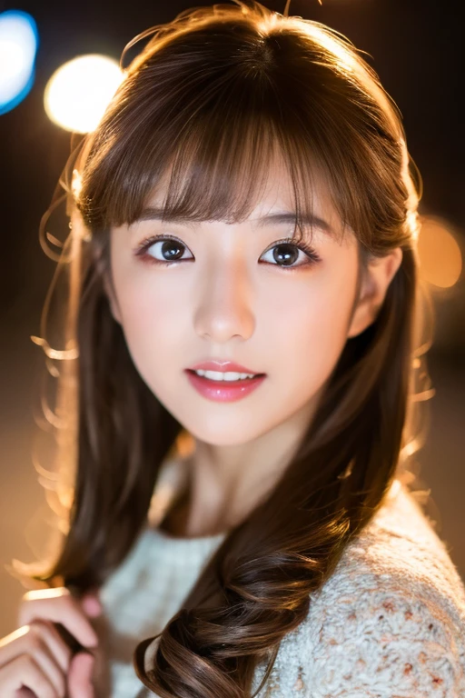 A young Japanese woman、30th Generation、Blurred night view、White brown hair、thin、4K、 8K、high quality、beauty、Beautiful Eyes、 Detailed eyes、High resolution、Wearing a knitted dress、Winters、lipstick、