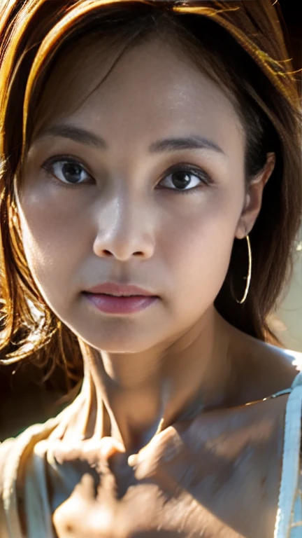 woman、50 years old、A proper gaze、Beautiful face、Noodles、Huge breasts、Firm breastouth wide open、Bust up shot、