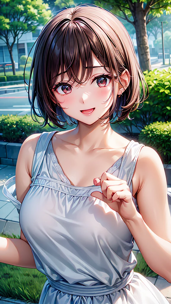 (Woman close up)、((Depiction of the upper body))、((30-year-old female))、A cheerful smile、Very short hair、(Open your mouth a little、High resolution、16k))、Sporty summer clothes、Early morning park、