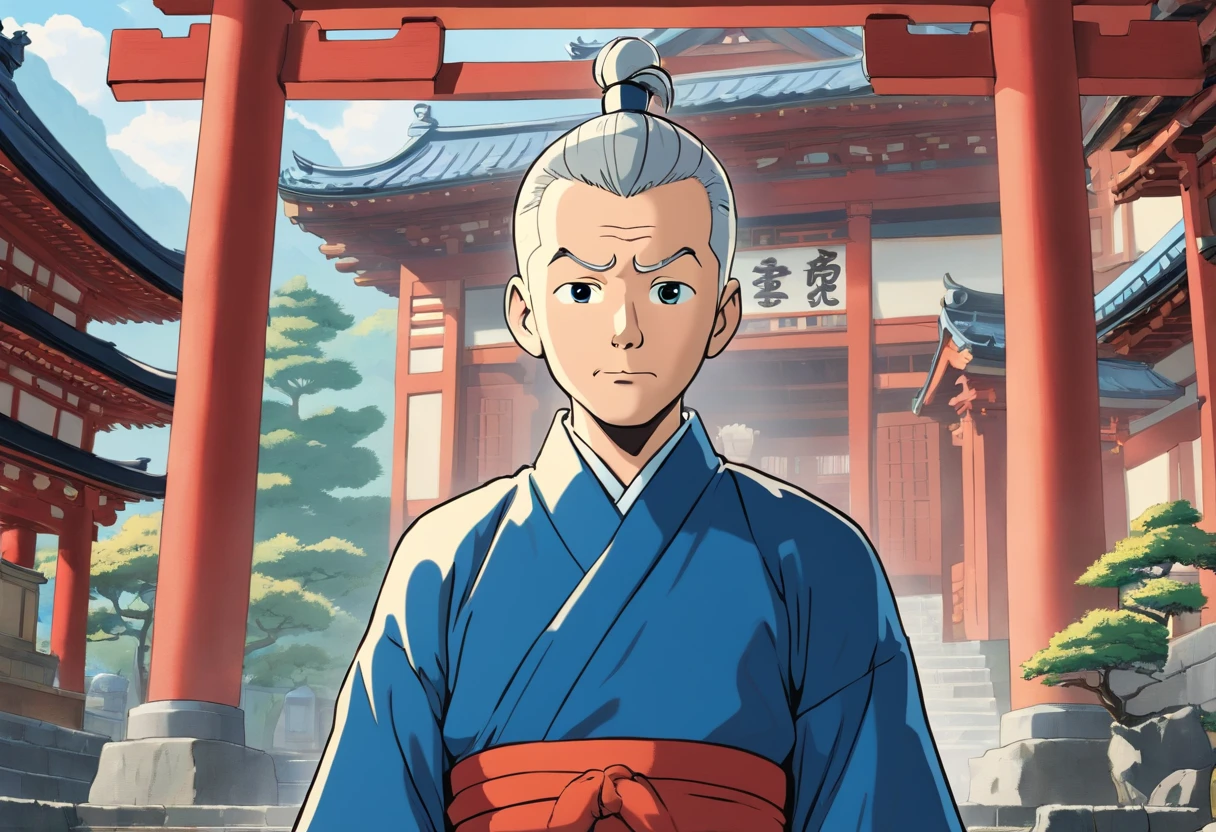 Tintin, 50 years old male wearing dark blue Japanese kimono, slick and neat short gray hair, exploring a Japanese temple, european comics