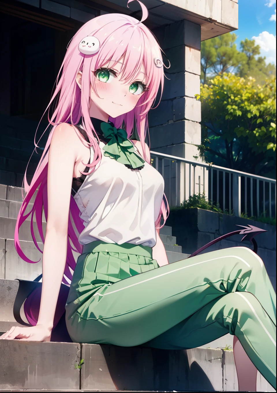 Laladevi Luke, Lara Deviluke, Long Hair, Pink Hair, tail, Ahoge, bangs, hair ornaments, (Green Eyes:1.5), smile,blush,
break demon tail, Green Skirt, Cordo shoulder top,skinny pants,Stiletto heels,morning,morning陽,The sun is rising,Sitting on the steps in the park,whole bodyがイラストに入るように,
break outdoors, 公園
break looking at viewer, whole body,
break (masterpiece:1.2), highest quality, High resolution, unity 8k wallpaper, (figure:0.8), (beautiful detailed eyes:1.6), extremely detailed face, Perfect lighting, extremely detailed CG, (Perfect hands, Perfect Anatomy),