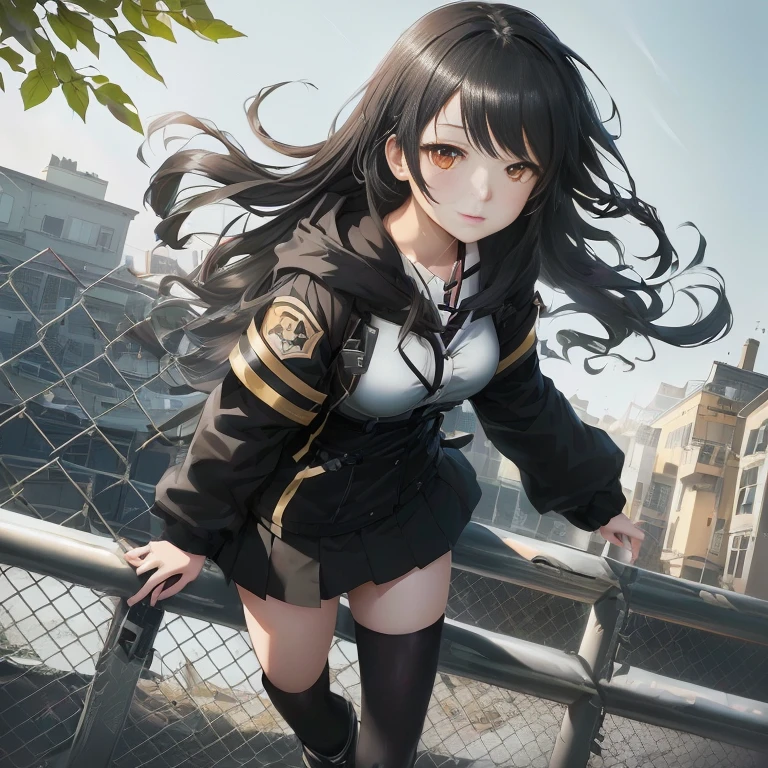 anime girl with long black hair and black boots standing on a fence, girls frontline cg, beautiful anime high school girl, girls frontline style, kantai collection style, fine details. girls frontline, smooth anime cg art, anime style 4 k, best anime 4k konachan wallpaper, attractive anime girl, anime visual of a cute girl, from girls frontline