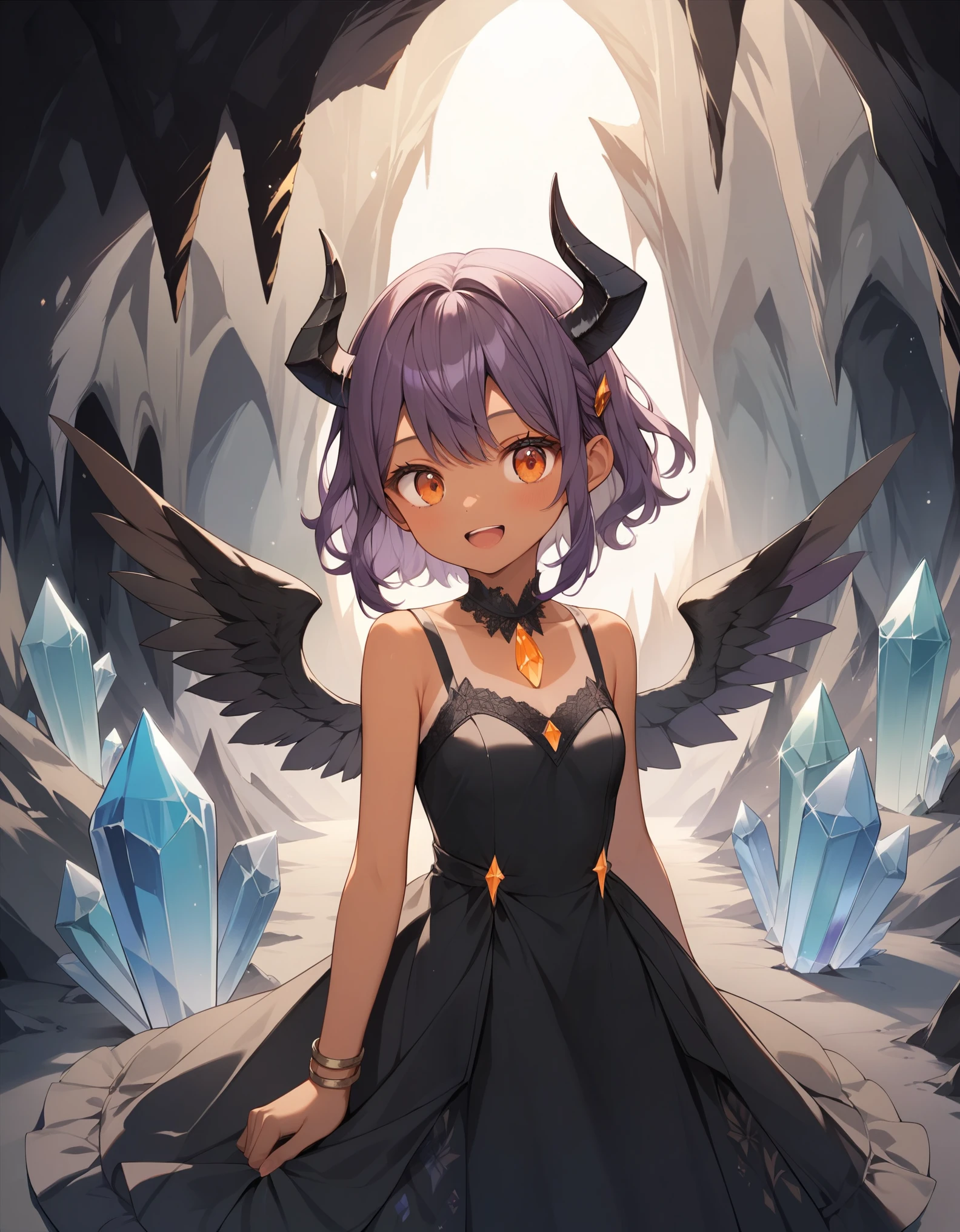 score_9, score_8_up, score_7_up, score_6_up, rating_safe, masterpiece, best quality, ultra detailed, anime style, 1girl, young, cute, (tanned skin), medium hair, purple hair, orange eyes, black horns, black wings, (large breasts:0.11), dress, cave, indoor, large cave, crystals, crystals on walls, warm colors, beautiful face, happy