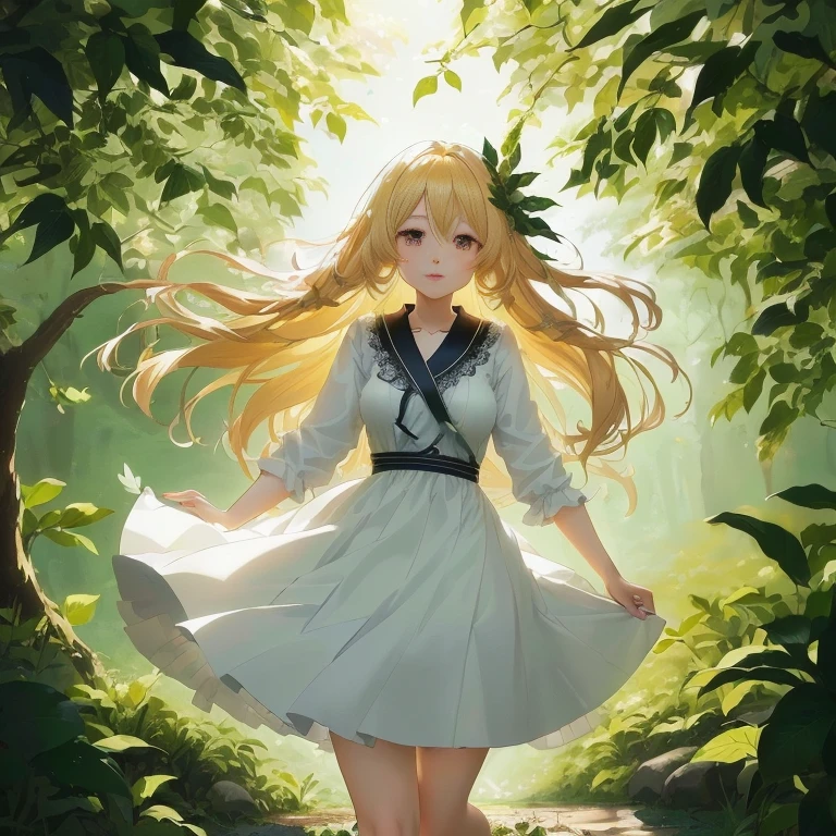 anime girl in a dress walking through a forest with leaves, anime lush john 8k woods, blonde anime girl with long hair, anime style 4 k, cute anime waifu in a nice dress, anime art wallpaper 8 k, in dress, anime art wallpaper 4k, anime art wallpaper 4 k, anime visual of a cute girl, anime girl with long hair