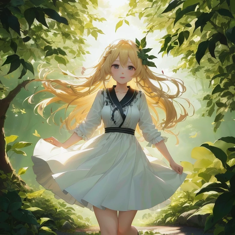 anime girl in a dress walking through a forest with leaves, anime lush john 8k woods, blonde anime girl with long hair, anime style 4 k, cute anime waifu in a nice dress, anime art wallpaper 8 k,  in dress, anime art wallpaper 4k, anime art wallpaper 4 k, anime visual of a cute girl, anime girl with long hair