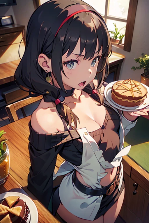 (small :1.3), (perky chest:1.1), (pointed chest:1.0), (Pudding cake magazine cover:1.3),(from above:1.0),(from side:0.9),masterpiece, 1girl, Amazing Cleavaghin waist, big ass, Raised sexsmall breast.3, posed cl:1.2、solo, looking r, open mou have a cute grass of cute beergrass,black hair, dark green eyes, dress, bare shoulders, jewelry, collarbone, sidelocks, hairband, earrings, indoors, off shoulder, :o, sweater, arms behind back, plant, short hair with long locks, gild hairband, off-shoulder dress, sweater dress, off-shoulder sweater, red sweater, dark gord hair, big side hair, very long side hair,is rendered in (masterpiece: 1.2, best quality), with (ultra high resolution) and an exquisite (depth of field). This masterpiece is not only visually stunning but also tells,A scene of cooking in the kitchen by classroom