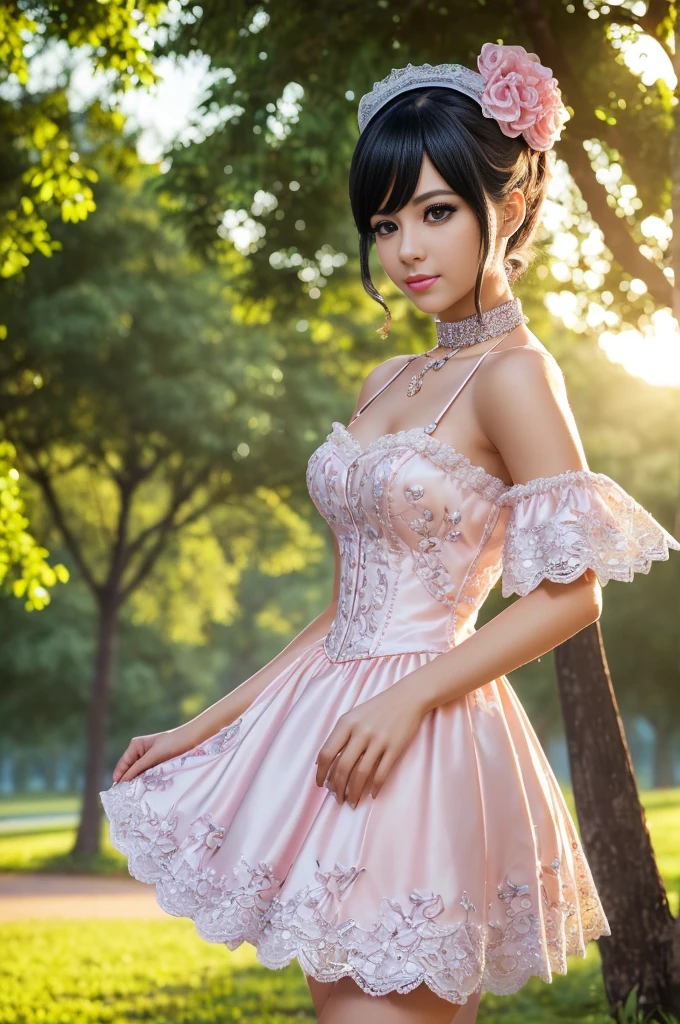 Realistic pilipina wearing a pink fairy costume The background is palace and many flowers .