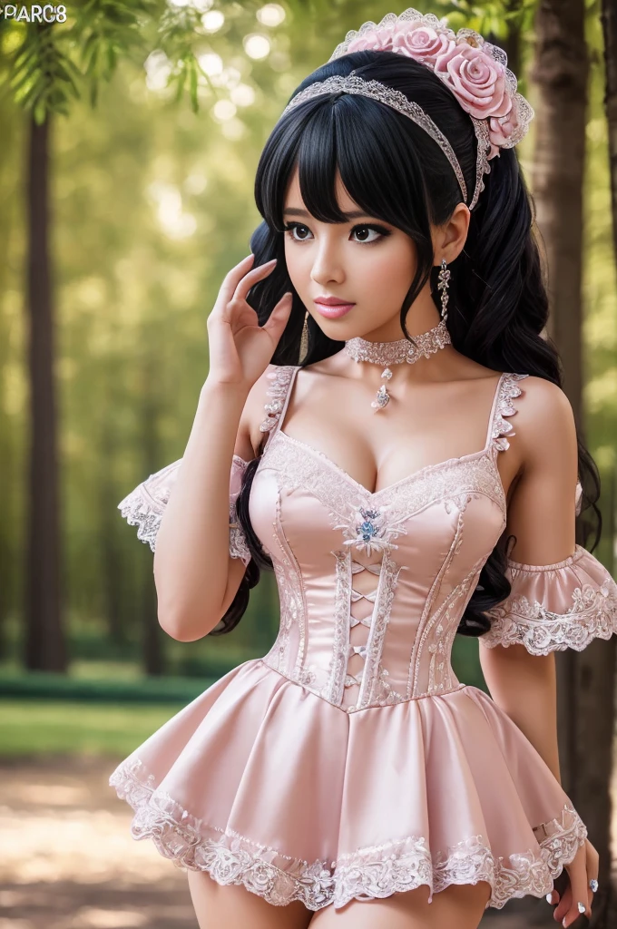 ((Best quality, 8k, Masterpiece, Sharp focus, 35mm lens, f/0.8, amazing beautiful perfect figure :1.4)), side lighting, sexy stylish Swedish model, ((doll-like appearance)), long neon pink stylish hair, ((shiny Victorian-Style boots)), Highly detailed face and skin texture:1.2, Detailed black eyes:1.2, super detailed skin, shiny skin:1.2, Blushing , beautiful detailed makeup:1.2, high-fidelity bangs, ((sexy Paradise Kiss cosplay)), bell-shaped skirt, petticoats, high neckline, puffed sleeves, (( ultra detailed lace)), ((ultra detailed embroidery)), intricate details, Paradise Kiss accessoires and matching headpiece, choker, ((large sparkling Paradise Kiss jewelry)), cinematic light, detailed large park background with trees