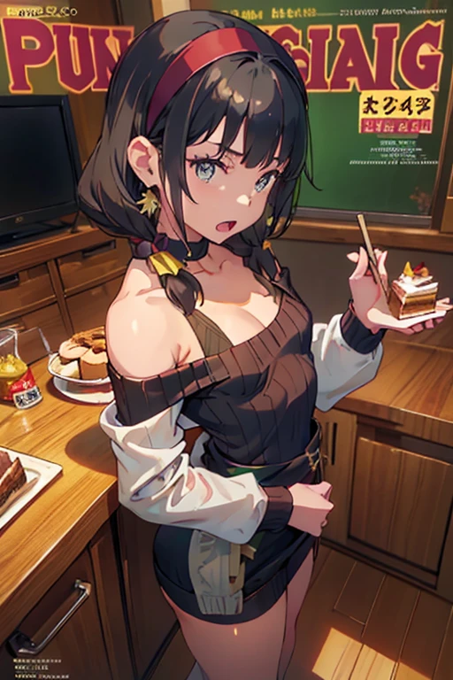 (small breasts:1.3), (perky chest:1.1), (pointed chest:1.0), (Pudding cake magazine cover:1.3),(from above:1.0),(from side:0.9),masterpiece, 1girl, Amazing Cleavage:1.1, thin waist, big ass, Raised sexy, small breast: 1.3, posed cleavage:1.2、solo, looking at viewer, open mouth, have a cute grass of cute beergrass,black hair, dark green eyes, dress, bare shoulders, jewelry, collarbone, sidelocks, hairband, earrings, indoors, off shoulder, :o, sweater, arms behind back, plant, short hair with long locks, gild hairband, off-shoulder dress, sweater dress, off-shoulder sweater, red sweater, dark gord hair, big side hair, very long side hair,is rendered in (masterpiece: 1.2, best quality), with (ultra high resolution) and an exquisite (depth of field). This masterpiece is not only visually stunning but also tells,A scene of cooking in the kitchen by classroom