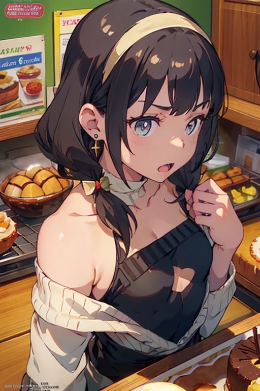 (small breasts:1.3), (perky chest:1.1), (pointed chest:1.0), (Pudding cake magazine cover:1.3),(from above:1.0),(from side:0.9),masterpiece, 1girl, Amazing Cleavage:1.1, thin waist, big ass, Raised sexy, small breast: 1.3, posed cleavage:1.2、solo, looking at viewer, open mouth, have a cute grass of cute beergrass,black hair, dark green eyes, dress, bare shoulders, jewelry, collarbone, sidelocks, hairband, earrings, indoors, off shoulder, :o, sweater, arms behind back, plant, short hair with long locks, gild hairband, off-shoulder dress, sweater dress, off-shoulder sweater, red sweater, dark gord hair, big side hair, very long side hair,is rendered in (masterpiece: 1.2, best quality), with (ultra high resolution) and an exquisite (depth of field). This masterpiece is not only visually stunning but also tells,A scene of cooking in the kitchen by classroom