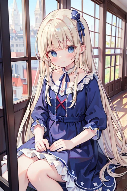 masterpiece, highest quality, High resolution, 47-year-old woman、blue eyes、
blonde, Long Hair、Crimson frill dress、Long skirt、Western-style building、Sit by the window