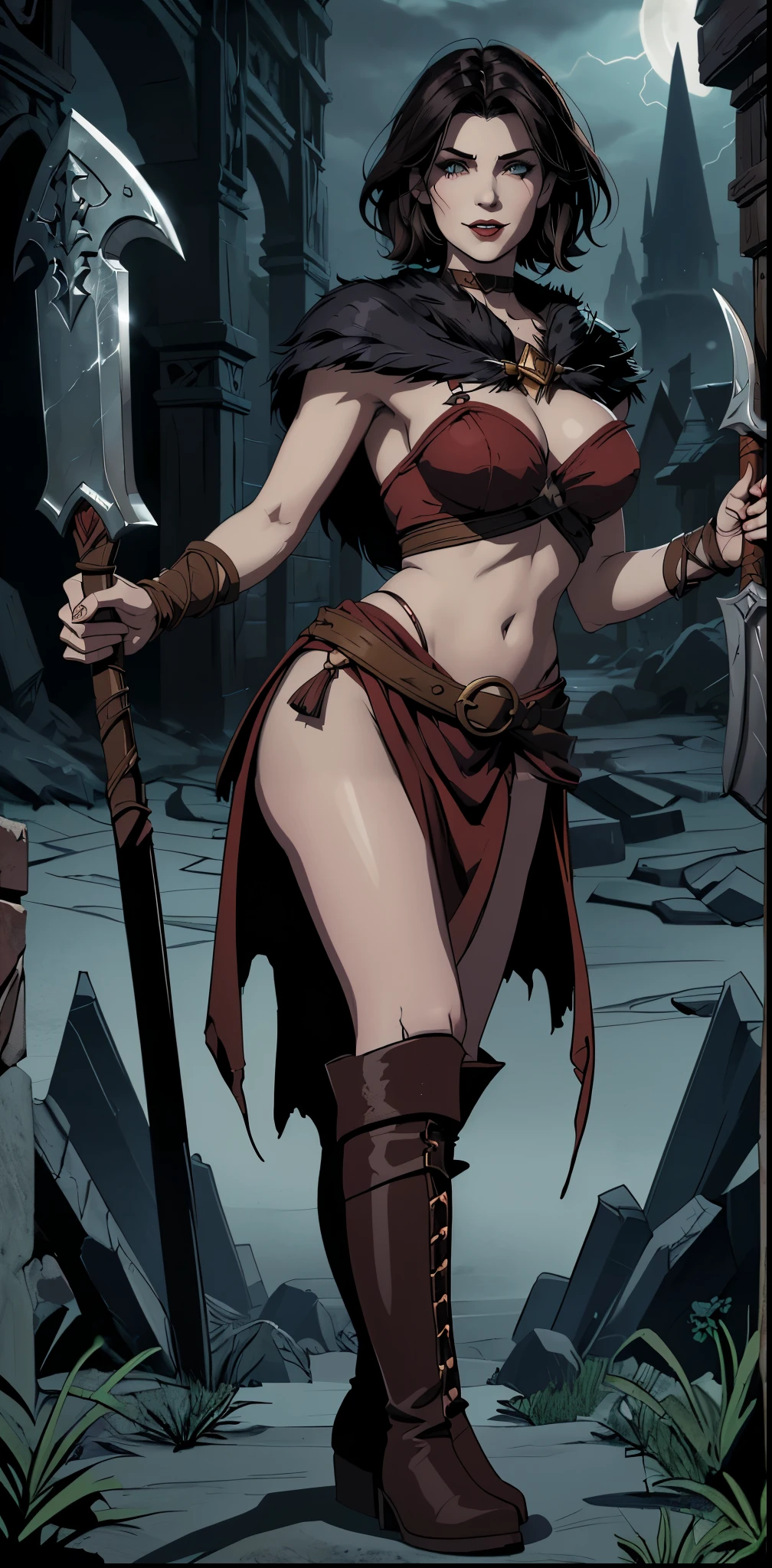  Dnd fantasy character, barbarian sorceress, pale skin, female vampire, bare legs, leather boots, knee high boots, dark ruins backgroun, standing on stone, 