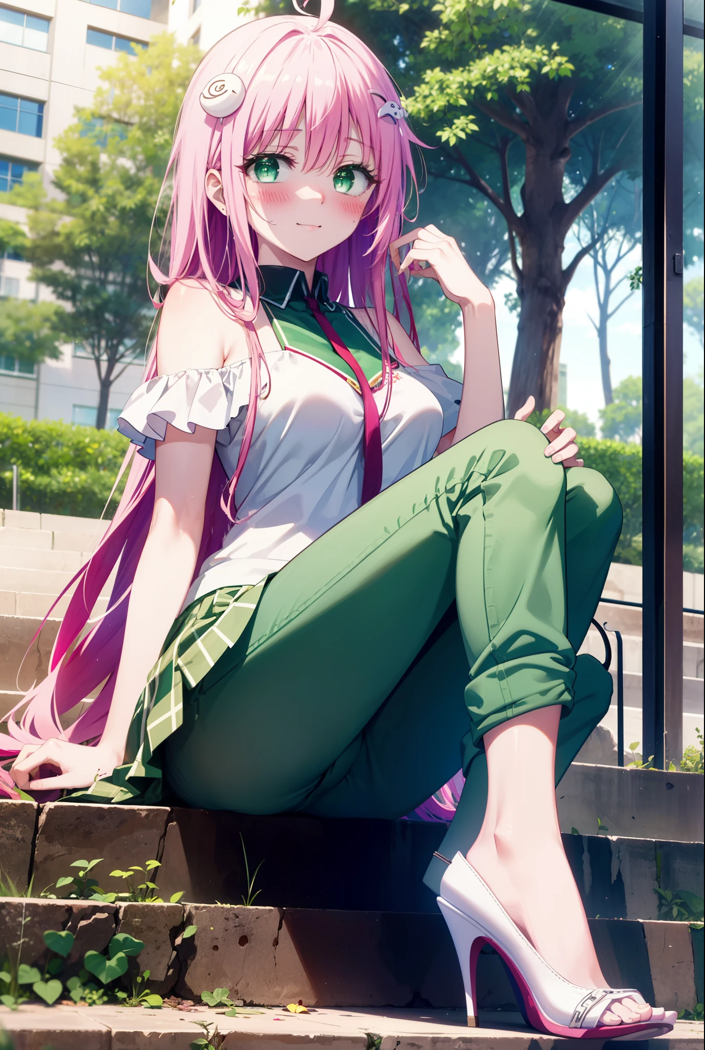 Laladevi Luke, Lara Deviluke, Long Hair, Pink Hair, tail, Ahoge, bangs, hair ornaments, (Green Eyes:1.5), smile,blush,
break demon tail, Green Skirt, Cordo shoulder top,skinny pants,Stiletto heels,morning,morning陽,The sun is rising,Sitting on the steps in the park,whole bodyがイラストに入るように,
break outdoors, 公園
break looking at viewer, whole body,
break (masterpiece:1.2), highest quality, High resolution, unity 8k wallpaper, (figure:0.8), (beautiful detailed eyes:1.6), extremely detailed face, Perfect lighting, extremely detailed CG, (Perfect hands, Perfect Anatomy),