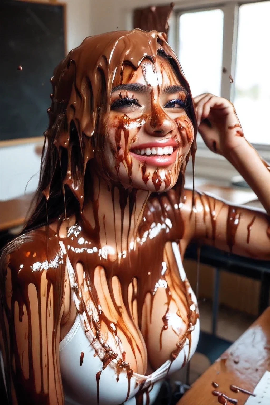 (film photograph:1.3), (photorealistic:1.4), Canon50, 16k, masterpiece, HD, detailed lips, detailed skin texture, beautiful girl, slim, skinny, extreme realism, beautiful face, delicate eyes, eyeshadow, chocolate, chocolate syrup on chest, chocolate syrup on hair, guro, blood on face, blood on hair, dirty, injury, f/2.0, bokeh, natural skin texture, textured skin, detailed textures, liquid splashes on her head, inside classroom, inside school, sitting on desk, (french maid costume, cleavage: 1.1)