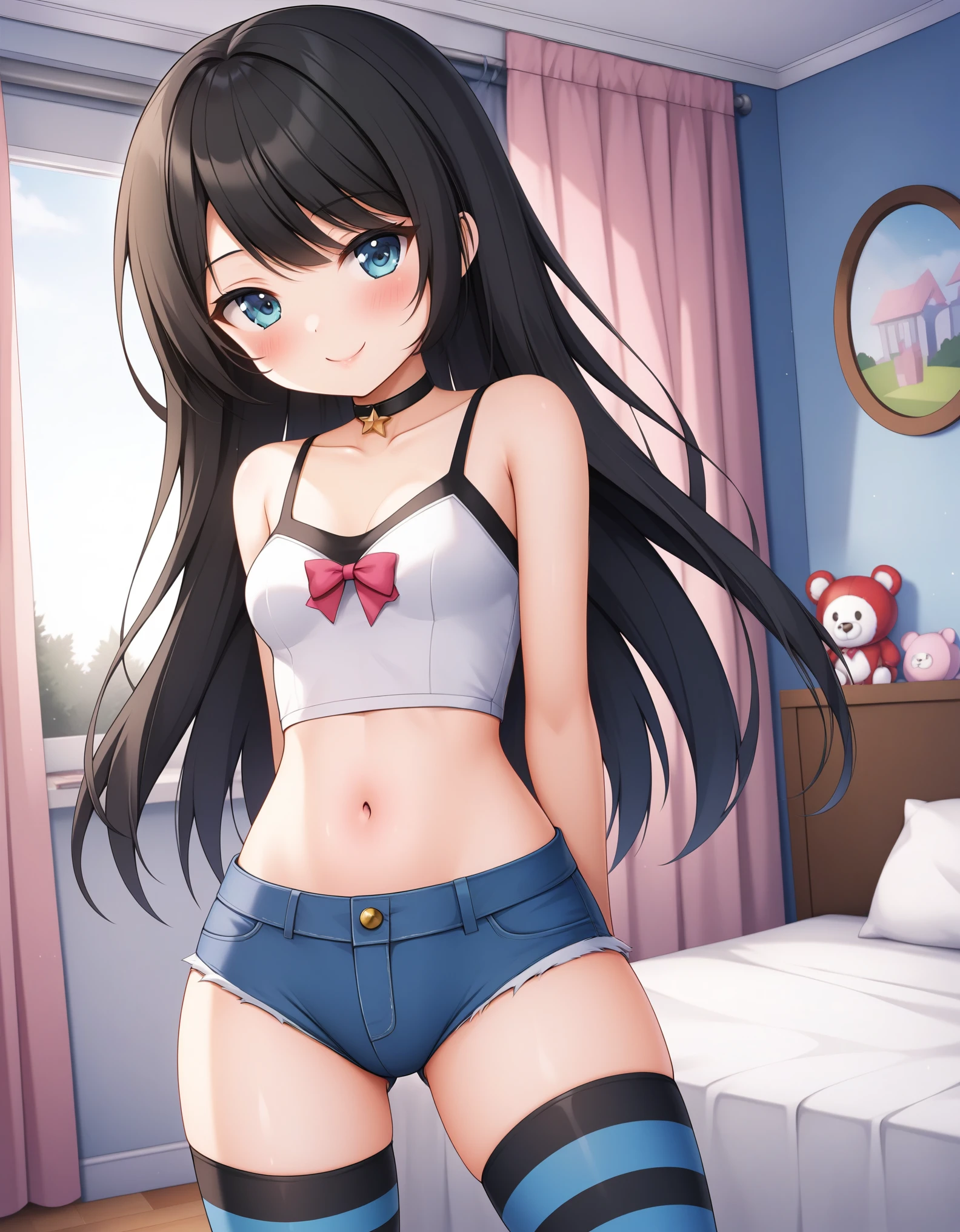 (masterpiece, best quality), 1girl, small breasts, small hips, crop top, denim shorts, bedroom, striped thighhighs, pervert, ,