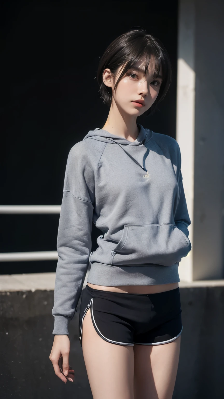 (Clothing:2.0, Sweatshirts:1.8, boxer shorts:1.8), ((Short Hair:1.2, slender:1.5, Small Ass:1.5)), ((Japanese, 1 Girl, 18-year-old, 7 heads, Ideal body proportions, Black Hair, With bangs, Small breasts, ????? nipples, slender, Small Ass, Beautiful feet, Skinny Legs)), Surrealism, Cinematic Lighting, Depth of written boundary, First Person View,  F/1.8, 135mm, Ticker, Mastepiece, Curate, ((Anatomically correct:1.3)), Textured skin, Super Detail, High detail, High quality, Awards, Best Quality, High resolution, 8K