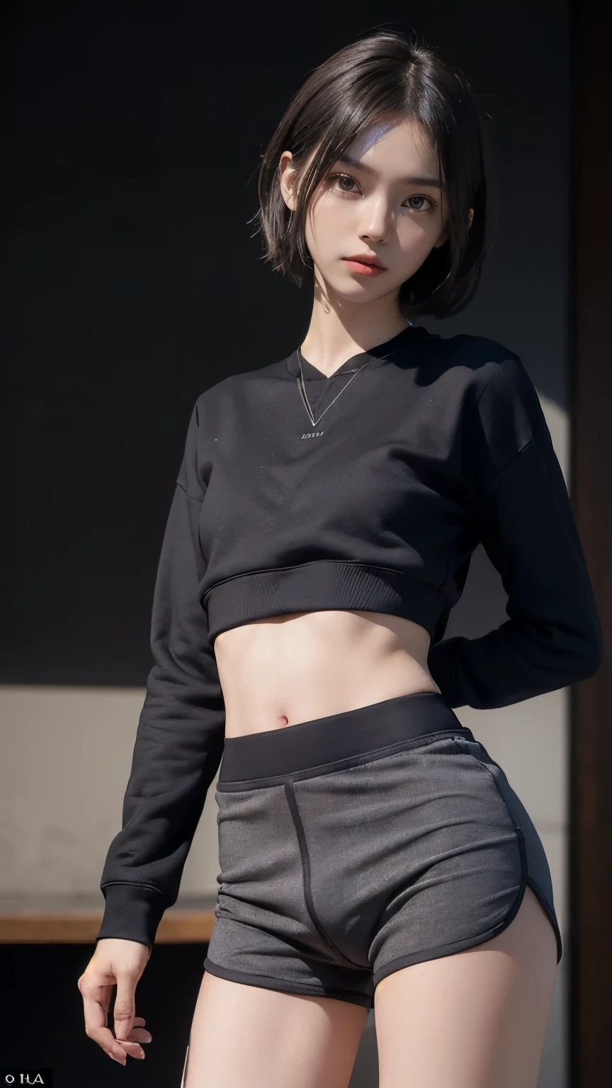 (Clothing:2.0, Sweatshirts:1.8, boxer shorts:1.8), ((Short Hair:1.2, slender:1.5, Small Ass:1.5)), ((Japanese, 1 Girl, 18-year-old, 7 heads, Ideal body proportions, Black Hair, With bangs, Small breasts, Erect nipples, slender, Small Ass, Beautiful feet, Skinny Legs)), Surrealism, Cinematic Lighting, Depth of written boundary, First Person View,  F/1.8, 135mm, Ticker, Mastepiece, Curate, ((Anatomically correct:1.3)), Textured skin, Super Detail, High detail, High quality, Awards, Best Quality, High resolution, 8K