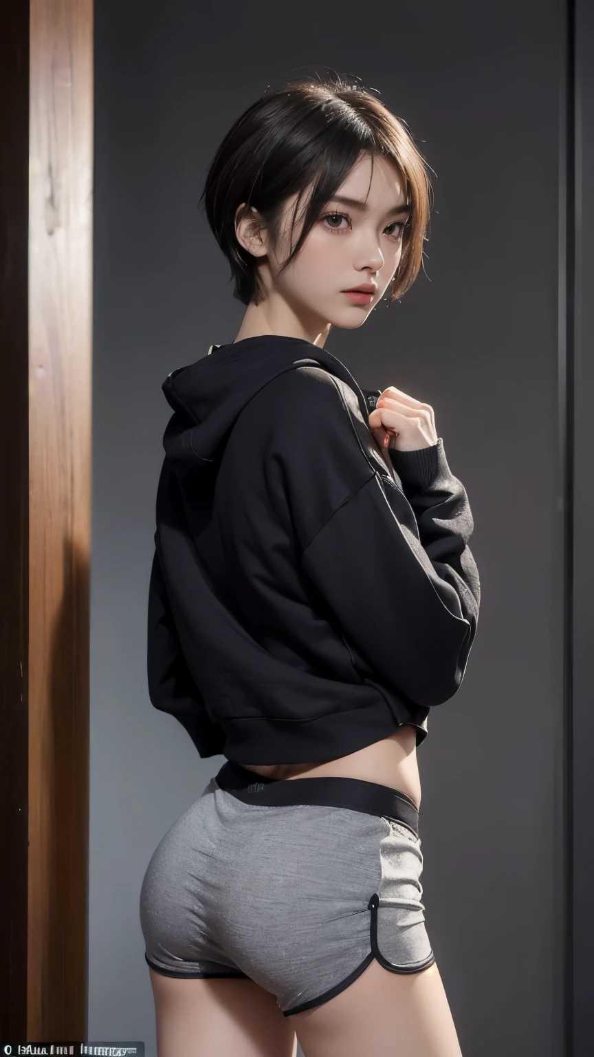 (Clothing:2.0, Sweatshirts:1.8, boxer shorts:1.8), ((Short Hair:1.2, slender:1.5, Small Ass:1.5)), ((Japanese, 1 Girl, 18-year-old, 7 heads, Ideal body proportions, Black Hair, With bangs, Small breasts, Erect nipples, slender, Small Ass, Beautiful feet, Skinny Legs)), Surrealism, Cinematic Lighting, Depth of written boundary, First Person View, F/1.8, 135mm, Ticker, Mastepiece, Curate, ((Anatomically correct:1.3)), Textured skin, Super Detail, High detail, High quality, Awards, Best Quality, High resolution, 8K