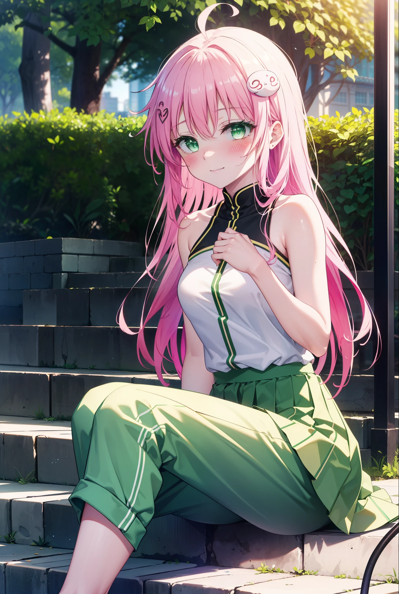 Laladevi Luke, Lara Deviluke, Long Hair, Pink Hair, tail, Ahoge, bangs, hair ornaments, (Green Eyes:1.5), smile,blush,
break demon tail, Green Skirt, Cordo shoulder top,skinny pants,Stiletto heels,morning,morning陽,The sun is rising,Sitting on the steps in the park,whole bodyがイラストに入るように,
break outdoors, 公園
break looking at viewer, whole body,
break (masterpiece:1.2), highest quality, High resolution, unity 8k wallpaper, (figure:0.8), (beautiful detailed eyes:1.6), extremely detailed face, Perfect lighting, extremely detailed CG, (Perfect hands, Perfect Anatomy),