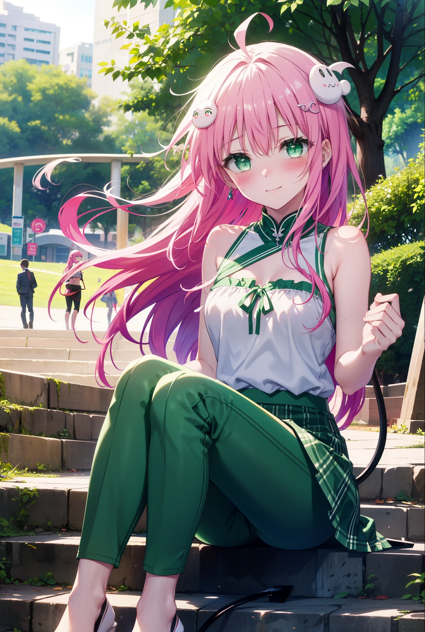 Laladevi Luke, Lara Deviluke, Long Hair, Pink Hair, tail, Ahoge, bangs, hair ornaments, (Green Eyes:1.5), smile,blush,
break demon tail, Green Skirt, Cordo shoulder top,skinny pants,Stiletto heels,morning,morning陽,The sun is rising,Sitting on the steps in the park,whole bodyがイラストに入るように,
break outdoors, 公園
break looking at viewer, whole body,
break (masterpiece:1.2), highest quality, High resolution, unity 8k wallpaper, (figure:0.8), (beautiful detailed eyes:1.6), extremely detailed face, Perfect lighting, extremely detailed CG, (Perfect hands, Perfect Anatomy),