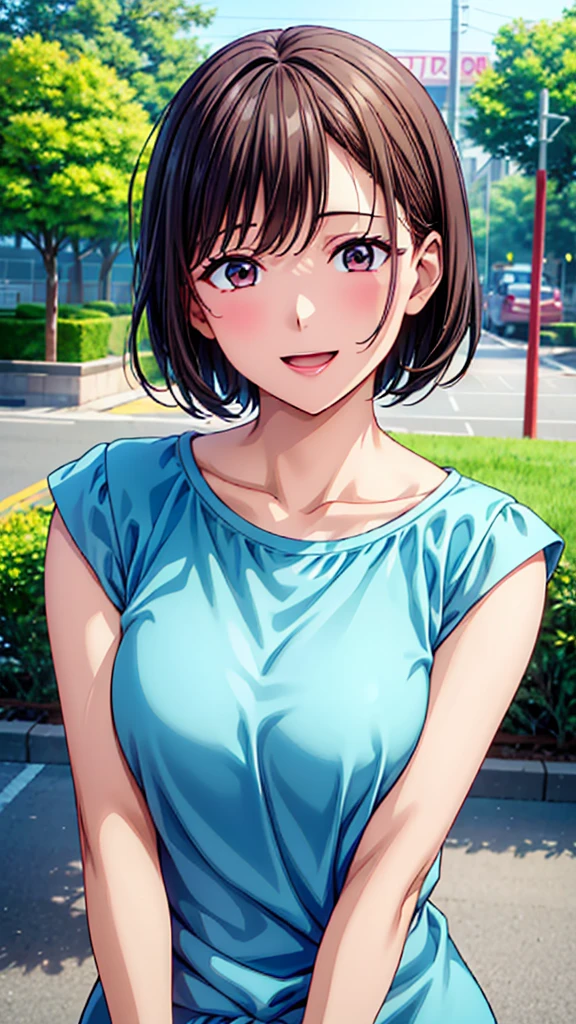 (Woman close up)、((Depiction of the upper body))、((30-year-old female))、A cheerful smile、Very short hair、(Open your mouth a little、High resolution、16k))、Sporty summer clothes、Early morning park、