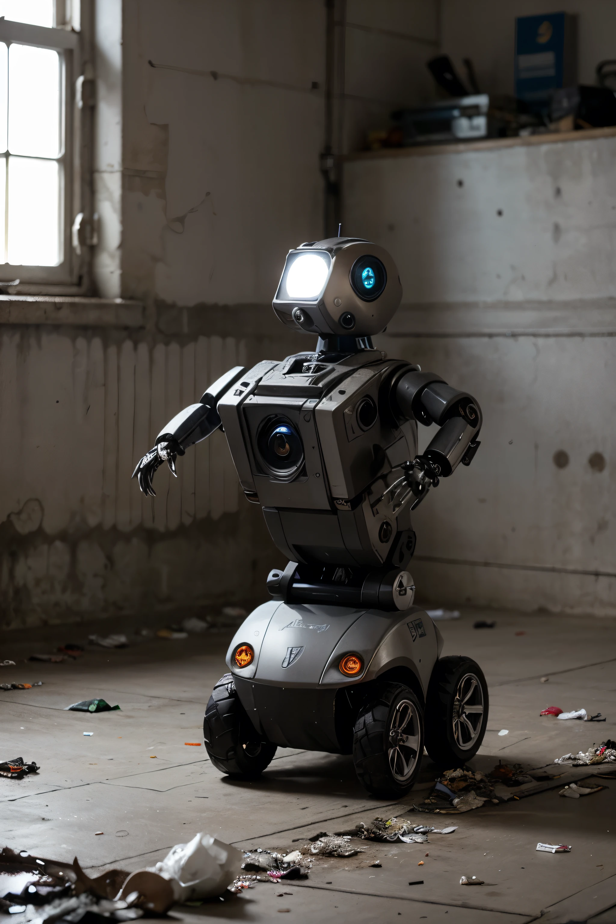 give me an image that has a small robot with current technology with a clean appearance and silver color. Its function is to collect garbage that has claws that are specialized for picking up garbage and has wheels that are the same style as a battle tank almost in the same style as the Wall-E robot