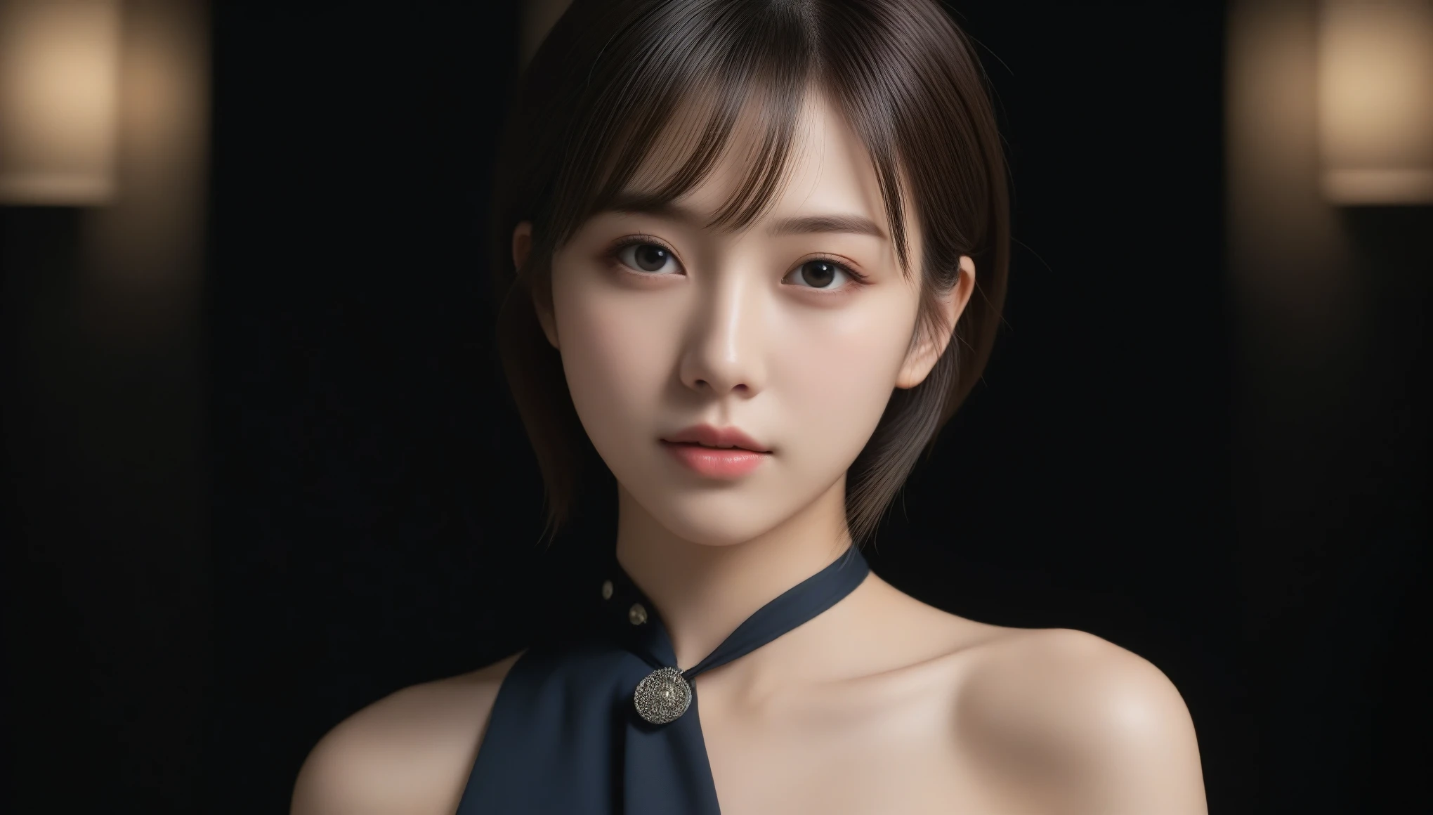 8k, Ultra-high resolution, highest quality, masterpiece, Surreal, photograph, girl1人, (:1.3), かわいいgirl, Cute Face, Beautiful eyes in every detail, 細かくdetailedに,masterpiece,, 一人のgirl:1.2, Japan Female Announcer, 黒いドレスを着てphotographを撮る女性,(Prefocus), (darkness: 1.6), デイヴィッド・ホックニーとアルフォンス・ミュシャによる超Realistic女性のPortraiture, Fantasy art, Realistic, Dynamic Lighting, Art Station, Poster, Volumetric lighting, 非常にdetailedな顔, 4K, Award-winning, One, girl, darknessで, Deep Shadow, Modest, Cowboy Shot, ( Formal attire: 1.4), Bob Cut Hair, topless,Bold Pose,Looking at the audience、beauty,Long neck、Laugh a little、Please close your mouth and laugh、(((Ideal body type))),A cup small breasts :2,、Portraiture:2、Perfect Anatomy、鮮明なdetailed、detailed、Surreal、Light and shadow,Strong light,Fashion magazine cover,Thin lips