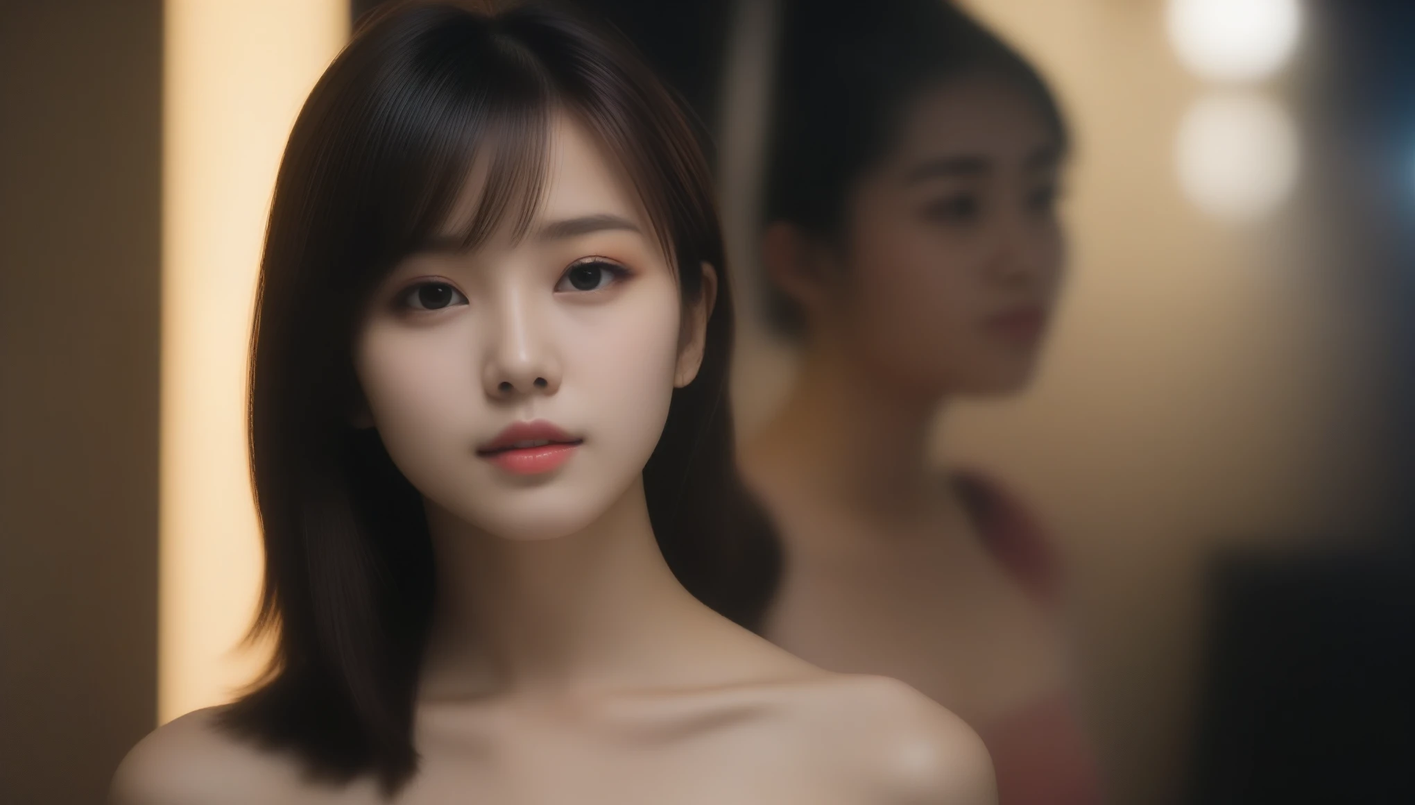 8k, Ultra-high resolution, highest quality, masterpiece, Surreal, photograph, girl1人, (:1.3), かわいいgirl, Cute Face, Beautiful eyes in every detail, 細かくdetailedに,masterpiece,, 一人のgirl:1.2, Japan Female Announcer, 黒いドレスを着てphotographを撮る女性,(Prefocus), (darkness: 1.6), デイヴィッド・ホックニーとアルフォンス・ミュシャによる超Realistic女性のPortraiture, Fantasy art, Realistic, Dynamic Lighting, Art Station, Poster, Volumetric lighting, 非常にdetailedな顔, 4K, Award-winning, One, girl, darknessで, Deep Shadow, Modest, Cowboy Shot, ( Formal attire: 1.4), Bob Cut Hair, topless,Bold Pose,Looking at the audience、beauty,Long neck、Laugh a little、Please close your mouth and laugh、(((Ideal body type))),A cup small breasts :2,、Portraiture:2、Perfect Anatomy、鮮明なdetailed、detailed、Surreal、Light and shadow,Strong light,Fashion magazine cover,Thin lips