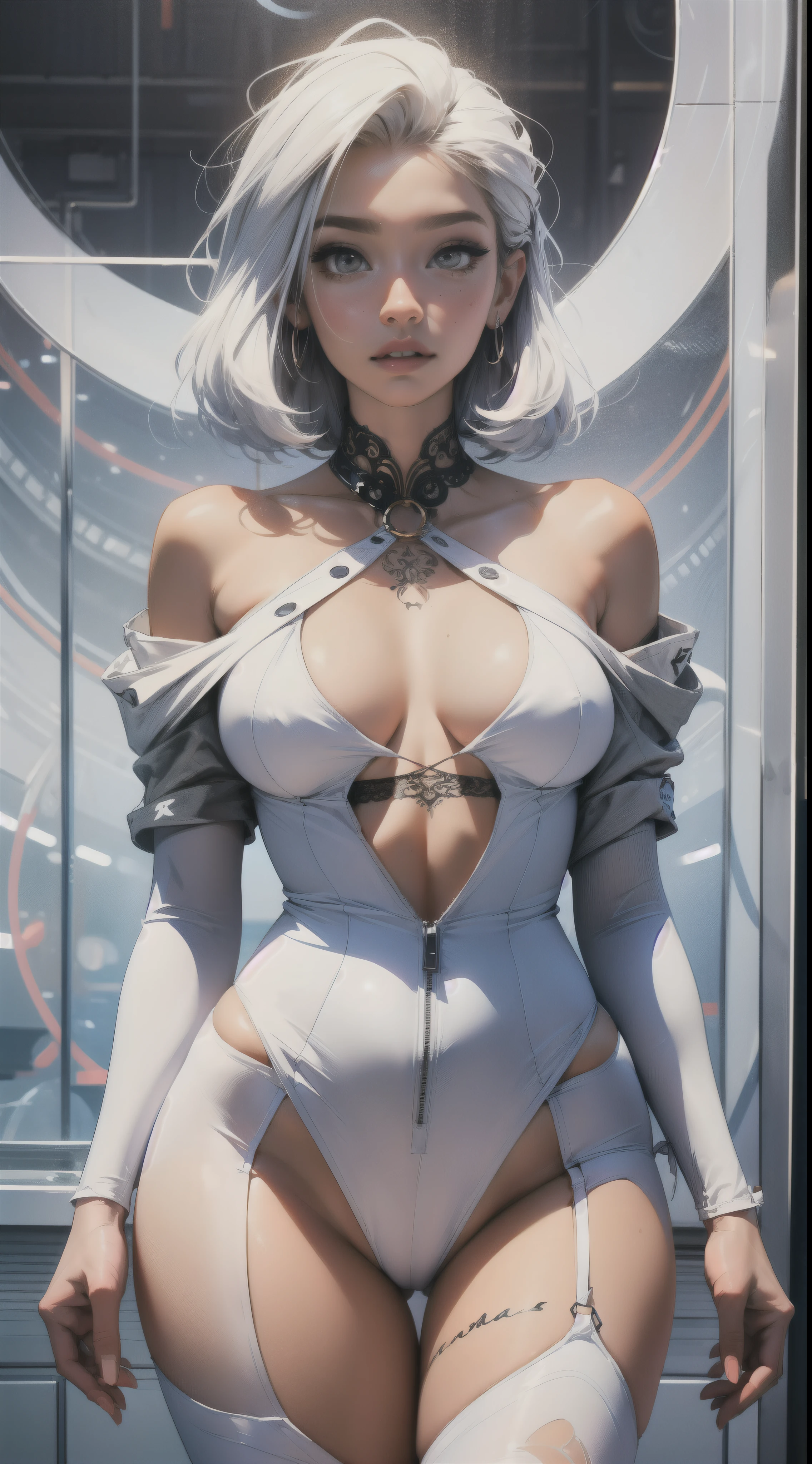 "1 mulher com uma roupa branca semitransparente e estilosa, featuring curves and artistic concepts, cabelo branco, neck tattoos, sensual, with circles and fractals in the background")