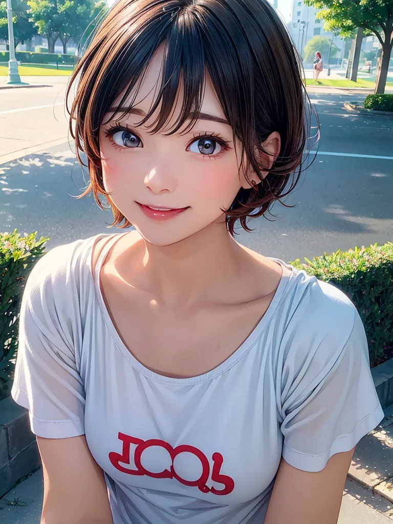 (Woman close up)、((Depiction of the upper body))、((30-year-old female))、A cheerful smile、Very short hair、(Open your mouth a little、High resolution、16k))、Sporty summer clothes、Early morning park、