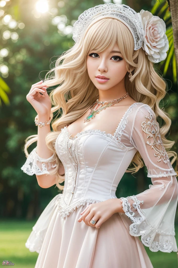 ((Best quality, 8k, Masterpiece, Sharp focus, 35mm lens, f/0.8, amazing beautiful perfect figure :1.4)), side lighting, sexy stylish Swedish model, ((doll-like appearance)), ((beautiful detailed Victorian-Style boots)), Highly detailed face and skin texture:1.2, Detailed black eyes:1.2, super detailed skin, shiny skin:1.2, Blushing , beautiful detailed makeup:1.2, high-fidelity bangs, brilliant light blonde long random hairstyle, ((sexy Paradise Kiss cosplay)), bell-shaped skirt, petticoats, high neckline, puffed sleeves, (( ultra detailed lace)), ((ultra detailed embroidery)), intricate details, Paradise Kiss accessoires and matching headpiece, choker, ((large sparkling Paradise Kiss jewelry)), cinematic light, detailed large park background with trees