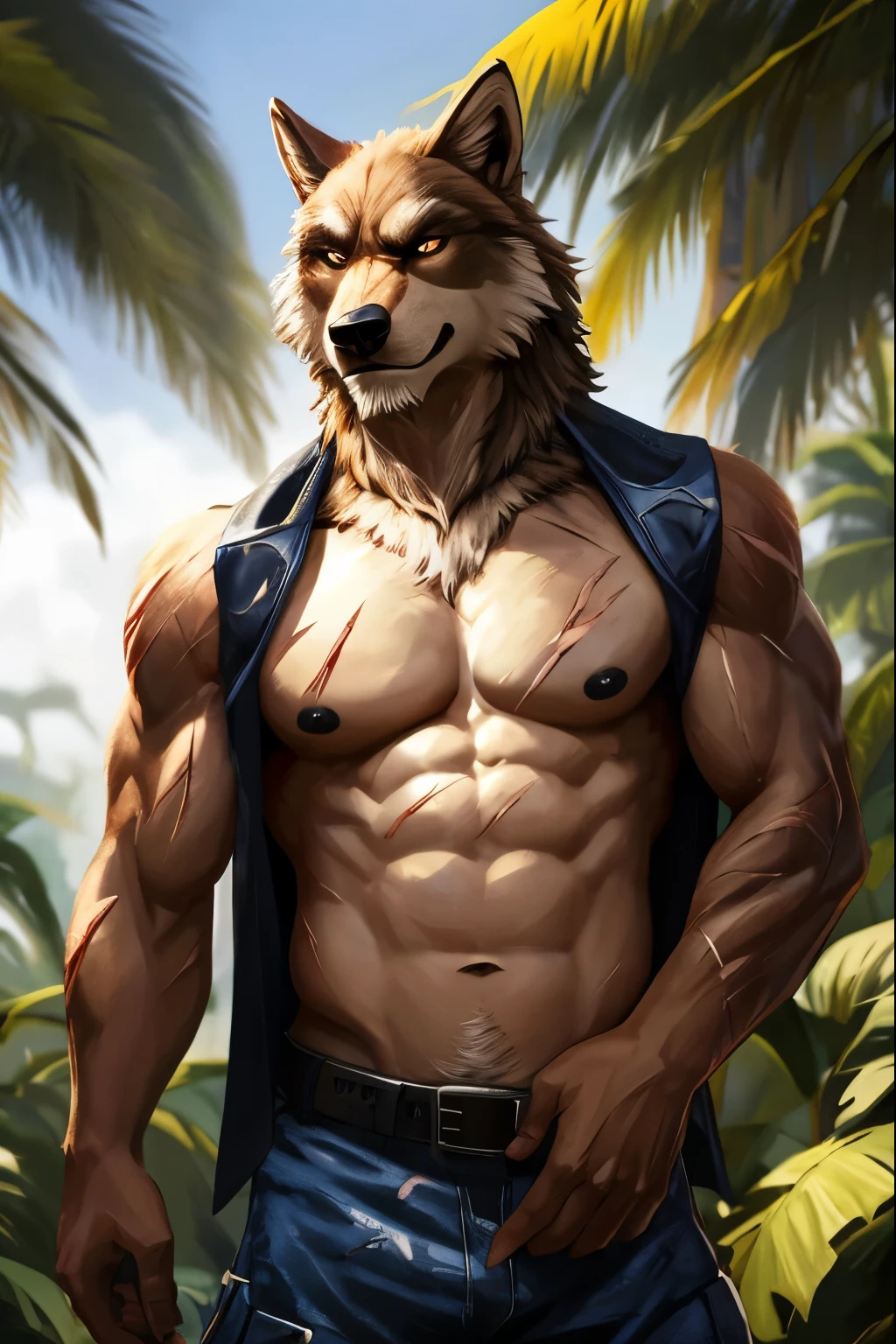 Masterpieces, furry, male, Anthropomorphic, full body, old age, rugged, brown wolf, proper fit body type, slender body type, Delicate eyes, white goatee, white fur, glistening body, tan skin, criminal, depth of field, warm lighting, bright lighting, (best quality),(masterpiece),(ultra detailed), sharp focus, jungle background, fierce look, evil grins, scars, glossy, oiled up skin, shirtless, dark blue camo pants, toned six packs, sharp black nipples