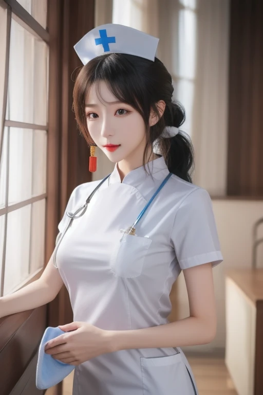 ltra-detailed,highly detailed,best quality,masterpiece,illustration,realistic,photorealistic,
qingqingzi,1girl, upper body,looking at viewer, standing,
28yo chinese idol,ponytail,
nurse cap, nurse,
