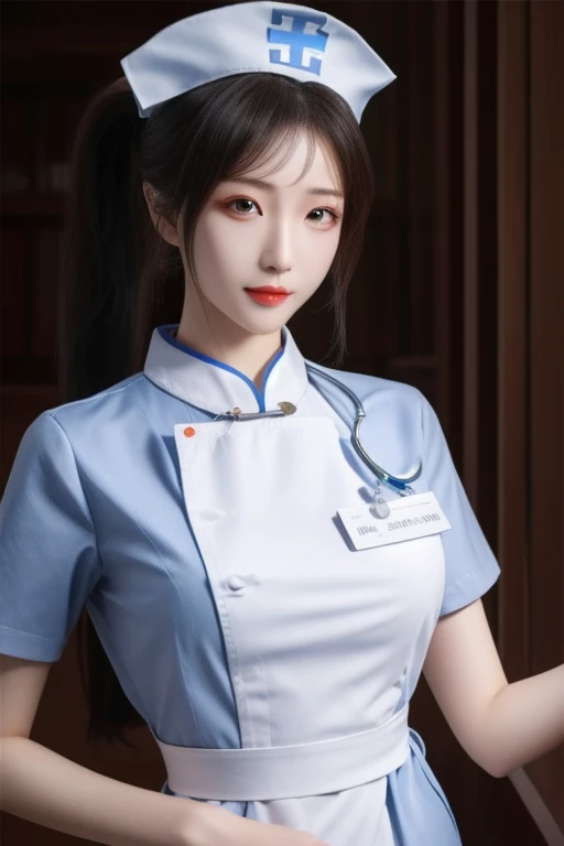 ltra-detailed,highly detailed,best quality,masterpiece,illustration,realistic,photorealistic,
qingqingzi,1girl, upper body,looking at viewer,  standing, 
28yo chinese idol,ponytail, 
nurse cap, nurse, 
 
