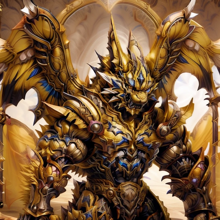 (Zeraora), (masterpiece, best quality, detailed:1.2), (nj5furry), (medieval armor:1.3) sparkling skin, Vibrant colors, 4K, GOLD armor, Its full plate armor emphasizes the muscles. big muscle (pecs, triceps, traps) unusually developed muscular body, body full of huge muscles. showing off muscles, pectorales enormes. Exaggeratedly huge muscles. Gigachad Muscular, Very muscular, Large pecs, Spread wings, It has wings. have big wings. has 10 large wings. It has large golden wings. The feathers on its wings are detailed and realistic.