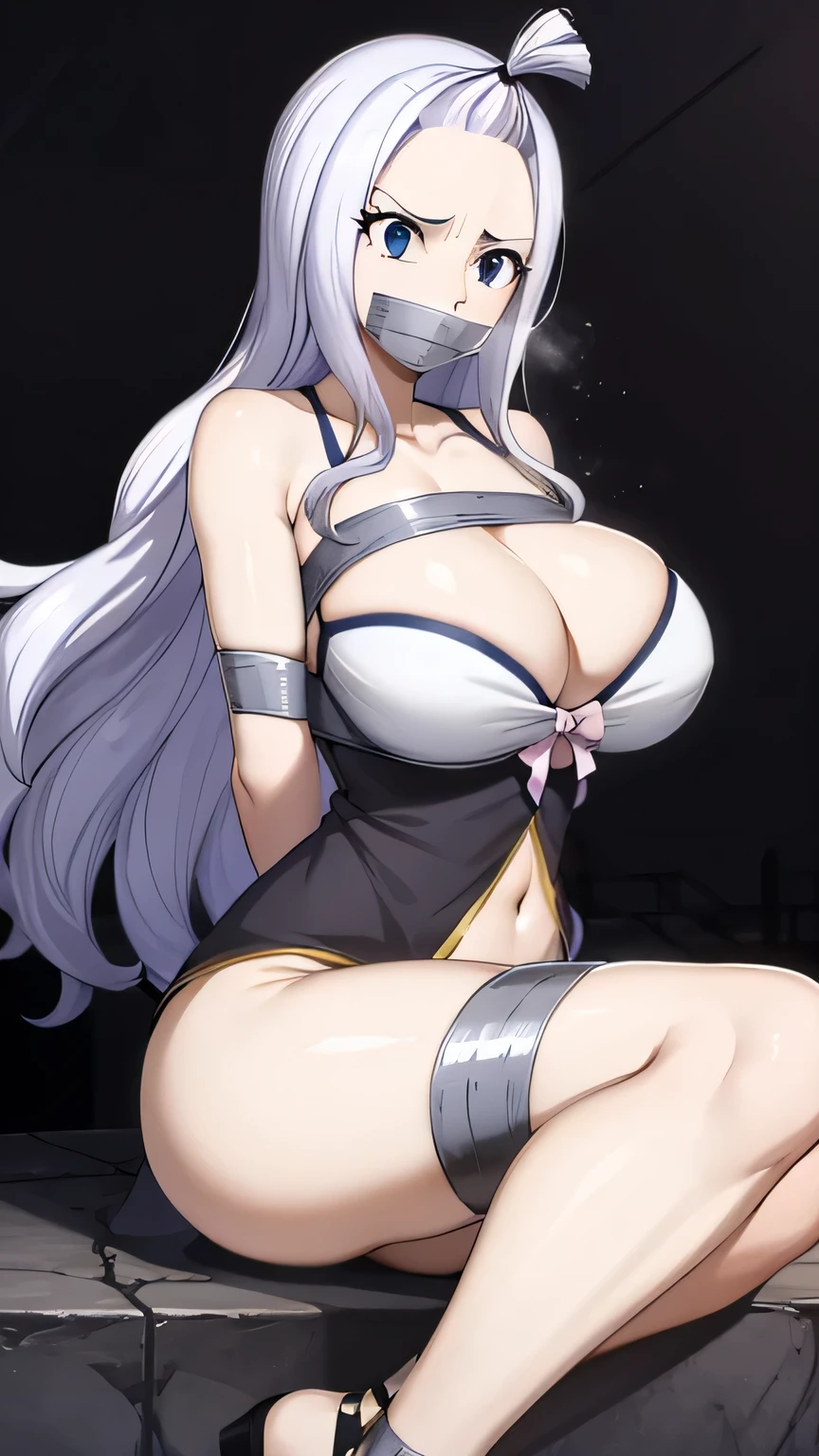 Mirajane, natural lighting, masterpiece, highly detailed, illustration, game CG, absurdres, high quality, aichan, large breasts, beautiful detailed eyes, short, (tape gag), (tape bound), (arms bound), (legs bound:1.2), eyes wide, shocked, surprised, collarbone, sitting, (knees bent), mirajane has a huge ass, Mirajane is bikini, mirajane has huge tits