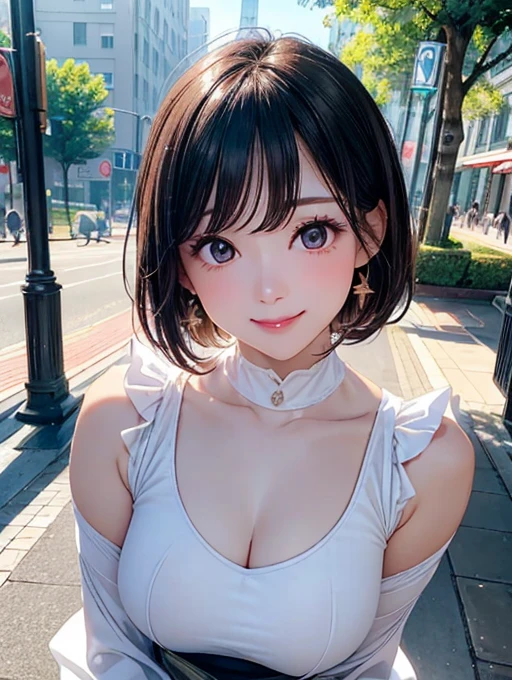 (Woman close up)、((Depiction of the upper body))、((30-year-old female))、A cheerful smile、Very short hair、(Open your mouth a little、High resolution、16k))、White full-body tights、Early morning park、