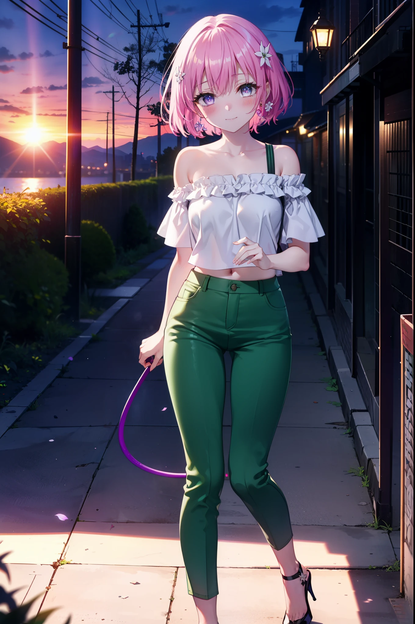 Momodebilke, A type of Deviluke, demon tail, Hair Flowers, hair ornaments, (Purple eyes:1.1), Pink Hair, short hair, tail, smile,
break demon tail, Green Skirt, Cordo shoulder top,skinny pants,Stiletto heels,morning,morning陽,The sun is rising,Walking,whole bodyがイラストに入るように, break outdoors, 公園 break looking at viewer, whole body, break (masterpiece:1.2), highest quality, High resolution, unity 8k wallpaper, (figure:0.8), (beautiful detailed eyes:1.6), extremely detailed face, Perfect lighting, extremely detailed CG, (Perfect hands, Perfect Anatomy),