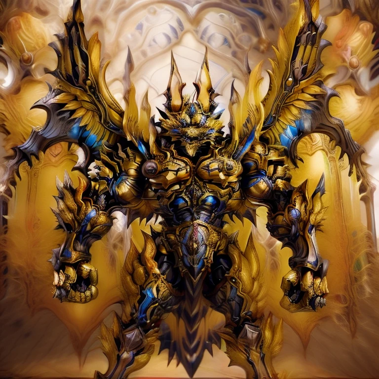 (Pokémon) (Zeraora), (masterpiece, best quality, detailed:1.2), (nj5furry), (medieval armor:1.3) sparkling skin, Vibrant colors, 4K, GOLD armor, Its full plate armor emphasizes the muscles. big muscle (pecs, triceps, traps) unusually developed muscular body, body full of huge muscles. showing off muscles, pectorales enormes. Exaggeratedly huge muscles. Gigachad Muscular, Very muscular, Large pecs, Spread wings, It has wings. have big wings. has 10 large wings. It has large golden wings. The feathers on its wings are detailed and realistic.