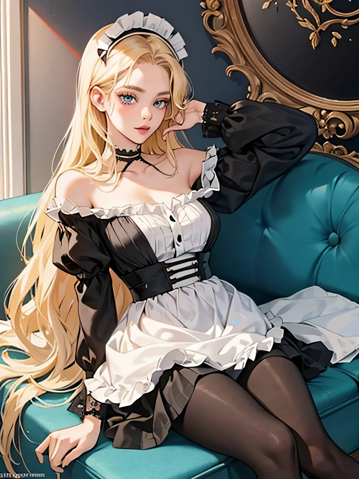 1girl, 30 years old, maid, black dress, off-the-shoulder, blonde hair, long hair, blonde, blue eyes, black pantyhose, sexy, seductive