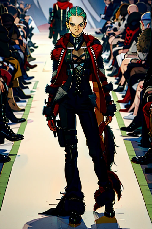 raptor theme, (mercenary outfit:1.3), male, man, boy, avant garde fashion, wearable art, couture, oversized clothing, skintight clothing, fullbody