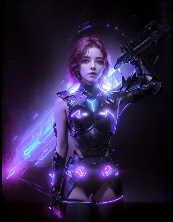 a ultra beautiful girl, with a (black techno fantasy armor) and a great sword in the back, cute, 12k, uhd, photorealistic, (red neon lights), (black short hairs), ((european race)), (ultra beautiful gorgeous realistic), naked belly and (naked arms)