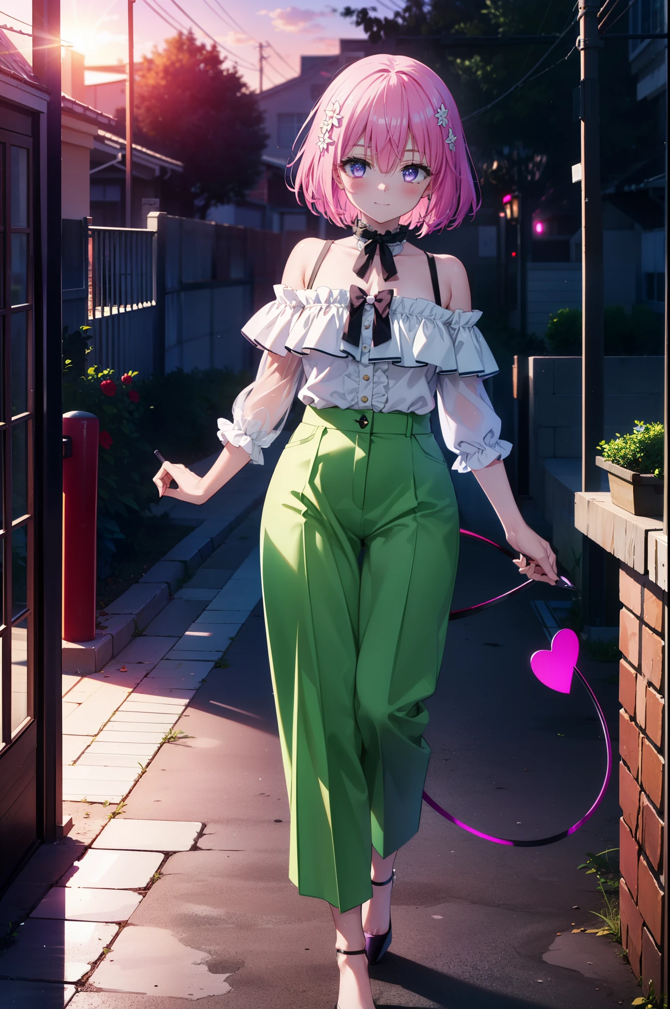Momodebilke, A type of Deviluke, demon tail, Hair Flowers, hair ornaments, (Purple eyes:1.1), Pink Hair, short hair, tail, smile,
break demon tail, Green Skirt, Cordo shoulder top,skinny pants,Stiletto heels,morning,morning陽,The sun is rising,Walking,whole bodyがイラストに入るように, break outdoors, 公園 break looking at viewer, whole body, break (masterpiece:1.2), highest quality, High resolution, unity 8k wallpaper, (figure:0.8), (beautiful detailed eyes:1.6), extremely detailed face, Perfect lighting, extremely detailed CG, (Perfect hands, Perfect Anatomy),