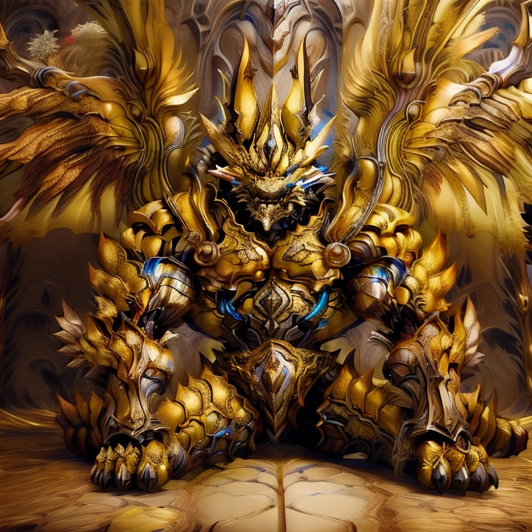 (Pokémon) (Zeraora), (masterpiece, best quality, detailed:1.2), (nj5furry), (medieval armor:1.3) sparkling skin, Vibrant colors, 4K, GOLD armor, Its full plate armor emphasizes the muscles. big muscle (pecs, triceps, traps) unusually developed muscular body, body full of huge muscles. showing off muscles, pectorales enormes. Exaggeratedly huge muscles. Gigachad Muscular, Very muscular, Large pecs, Spread wings, It has wings. have big wings. has 10 large wings. It has large golden wings. The feathers on its wings are detailed and realistic.sitting on the throne,