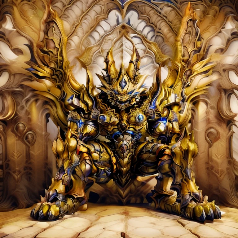 (Pokémon) (Zeraora), (masterpiece, best quality, detailed:1.2), (nj5furry), (medieval armor:1.3) sparkling skin, Vibrant colors, 4K, GOLD armor, Its full plate armor emphasizes the muscles. big muscle (pecs, triceps, traps) unusually developed muscular body, body full of huge muscles. showing off muscles, pectorales enormes. Exaggeratedly huge muscles. Gigachad Muscular, Very muscular, Large pecs, Spread wings, It has wings. have big wings. has 10 large wings. It has large golden wings. The feathers on its wings are detailed and realistic.sitting on the throne,