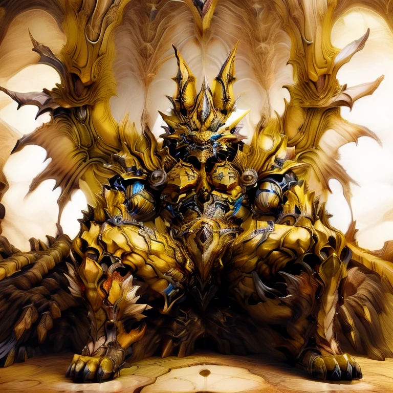 (Pokémon) (Zeraora), (masterpiece, best quality, detailed:1.2), (nj5furry), (medieval armor:1.3) sparkling skin, Vibrant colors, 4K, GOLD armor, Its full plate armor emphasizes the muscles. big muscle (pecs, triceps, traps) unusually developed muscular body, body full of huge muscles. showing off muscles, pectorales enormes. Exaggeratedly huge muscles. Gigachad Muscular, Very muscular, Large pecs, Spread wings, It has wings. have big wings. has 10 large wings. It has large golden wings. The feathers on its wings are detailed and realistic.sitting on the throne,