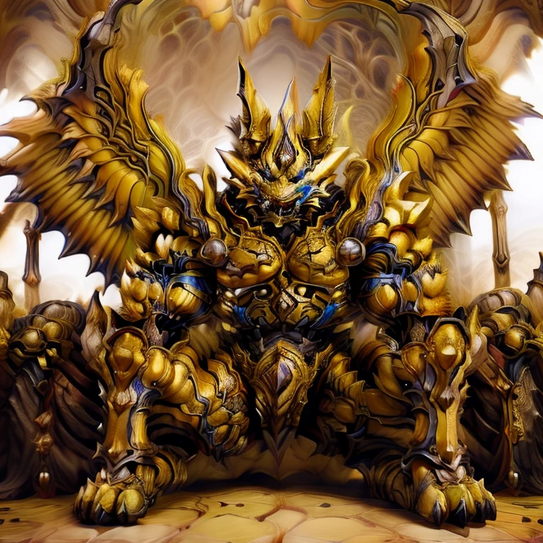 (Pokémon) (Zeraora), (masterpiece, best quality, detailed:1.2), (nj5furry), (medieval armor:1.parkling skin, Vibrant colors, 4K, GOLD armor, Its full plate armor emphasizes the muscles. big muscle (pecs, triceps, traps) unusually developed muscular body, body full of huge muscles. showing off muscles, pectorales enormes. Exaggeratedly huge muscles. Gigachad Muscular, Very muscular, Large pecs, Spread wings, It has wings. have big wings. has 10 large wings. It has large golden wings. The feathers on its wings are detailed and realistic.sitting on the throne,