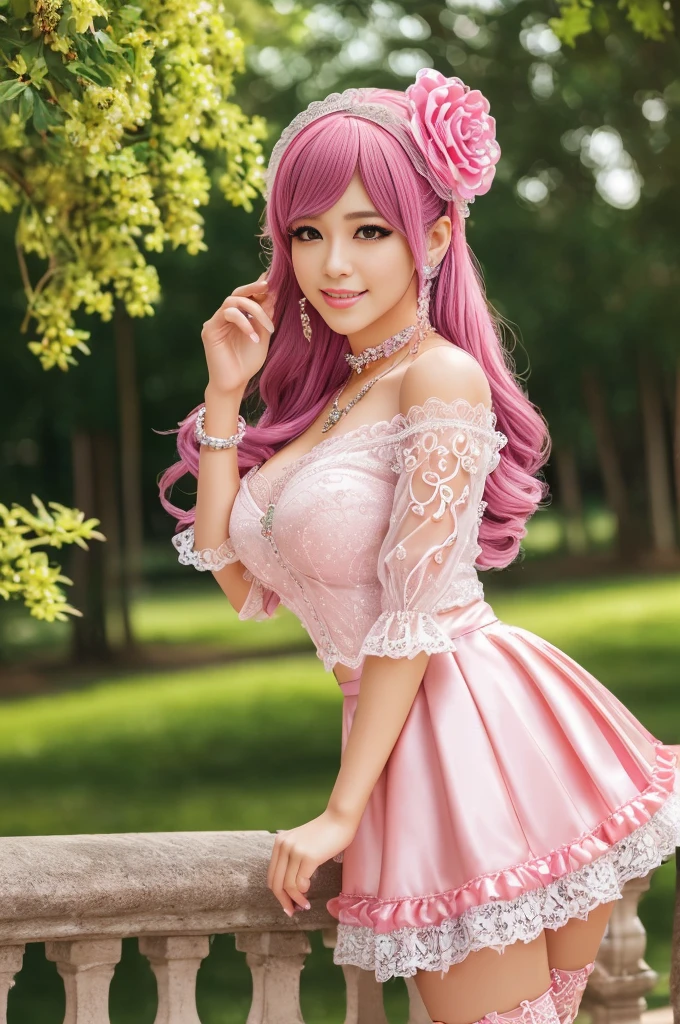 ((Best quality, 8k, Masterpiece, Sharp focus, 35mm lens, f/0.8, amazing beautiful perfect figure :1.4)), side lighting, sexy stylish model, ((big smile)), ((doll-like appearance)), ((beautiful detailed Victorian-Style boots)), Highly detailed face and skin texture:1.2, Detailed black eyes:1.2, super detailed skin, shiny skin:1.2, Blushing , beautiful detailed makeup:1.2, high-fidelity bangs, brilliant neon pink long random hairstyle, ((sexy Paradise Kiss cosplay)), bell-shaped skirt, petticoats, high neckline, puffed sleeves, (( ultra detailed lace)), ((ultra detailed embroidery)), intricate details, Paradise Kiss accessoires and matching headpiece, choker, ((large sparkling Paradise Kiss jewelry)), cinematic light, detailed large park background with trees
